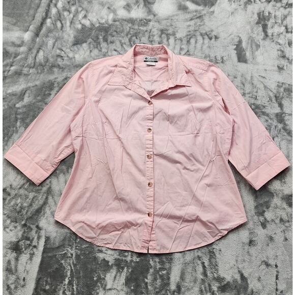 Columbia Tops - Columbia Top Womens 1X Pink Cotton Crop Slit Sleeve Button Up Casual Outdoors